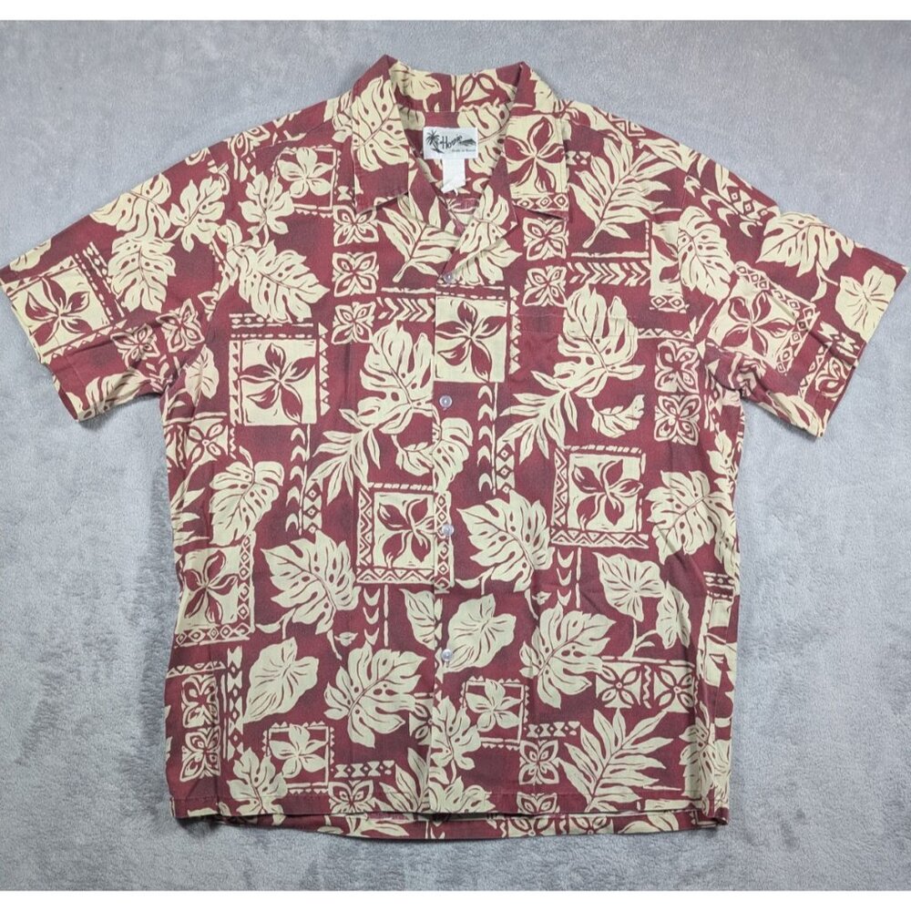 Howie Mens XL Hawaiian Button Front Shirt Red Tan Floral Aloha Tropical Vacation